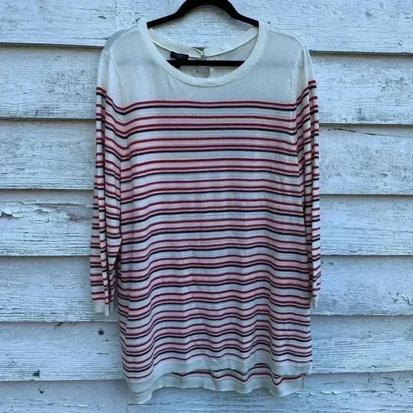 Talbots Pullover Sweater Red Black Cream Stripes Pointelle Size 2X - Picture 1 of 5